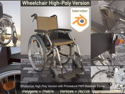 High-Poly Wheelchair with Parts and Procedural PBR Materials 3D Model Pack