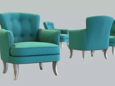 Vintage Chair Teal Linen Upholstery Galvanized Steel Legs 3D model