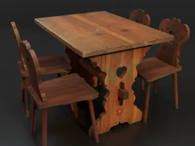Hungarian folk art table with chairs Low-poly 3D model
