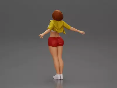 Auburn haired woman twirls with arms outstretched embracing 3D print model
