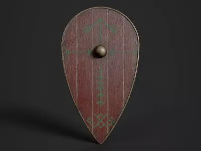 Slavic kite wooden shield-painted red with pagan symbol Low-poly 3D model