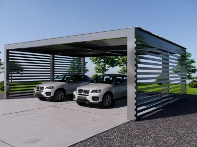 Flat Roof Double Car Carport Steel Frame Shelter Low-poly 3D model