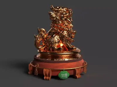 Chinese Ancient Lion Statue Figure  Low-poly 3D model