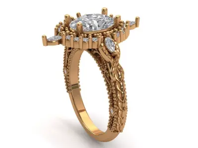 Antique Inspired Oval Diamond Ring Gold Ornate Womens Ring 3D print model