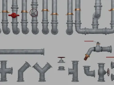 Modular Metal Pipes and Valves Collection 01 Low-poly 3D model