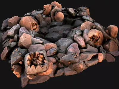 Copper Ore Deposits Rocks in the cave Low-poly 3D model