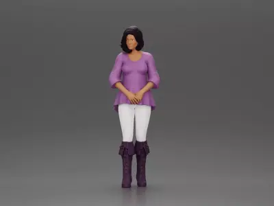 Confident woman in purple top and boots with white leggings 3D print model