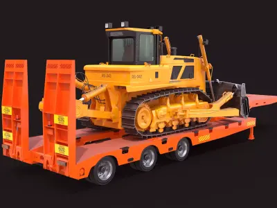 Low Loader Trailer with Bulldozer 3D model