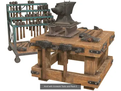Anvil with Ironwork Tools and Rack Set 1 3D Model Pack