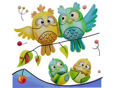 Owl Family Scenery - Owls Famillar Bird Animal - Chick Baby Low-poly 3D model