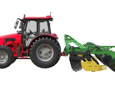 Farm Tractor and Trailed Disc harrow  Low-poly 3D model