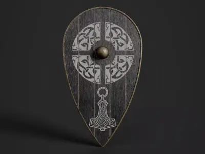 Slavic kite wooden shield-painted black with Thor symbol Low-poly 3D model