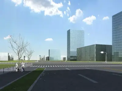 Architecture city with tall buildings and bike lane 3D model