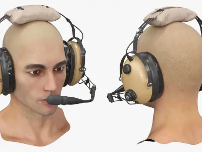 Aviation Pilot Headset on Male Head Desert Fur 3D model