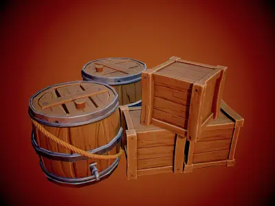 Stylized 3d box and barrel Low-poly 3D model