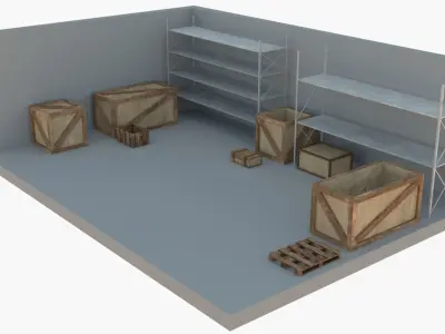 Industrial Shelving and Wood Box Low-poly 3D model