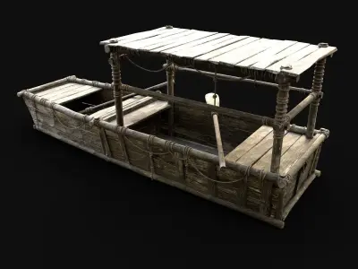 GONDOLA BOAT ROWBOAT WOODEN FISHERMAN RIVER FISH LAKE CANOE SHIP Low-poly 3D model