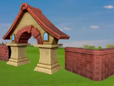 Stylized stone fence with an arch and a house PBR game ready Low-poly 3D model