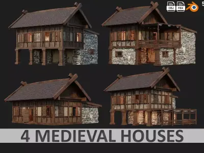 4 Old Medieval Building House Pack 4K Tex GameReady 57 to 60 Low-poly 3D model