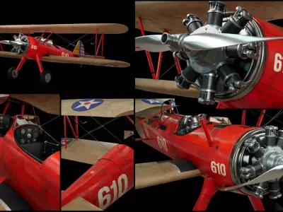Vintage Red Biplane 610  High Detail WW1 Aircraft Game Ready PBR 3D model