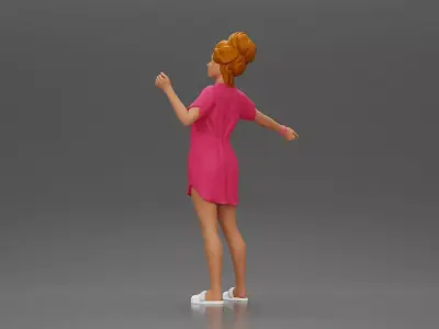 Woman in pink dress dancing joyfully with raised arms sideways 3D print model