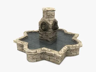 Stone fountain with lion heads Low-poly 3D model