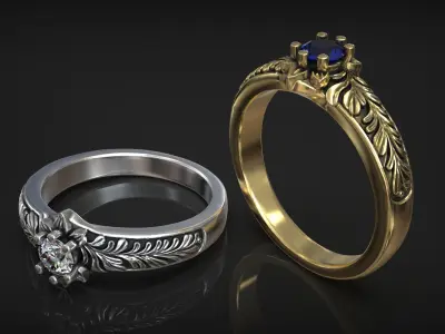 Floral Engagement Ring with Botanical Engraving and Diamond 3D print model