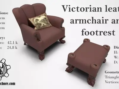 Victorian leather armchair and footrest TRAILHAVEN Low-poly 3D model