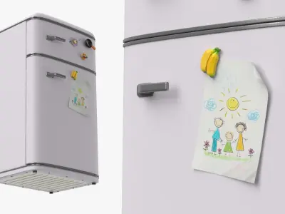 Vintage Fridge with Decorative Magnets and Child Drawing 3D model