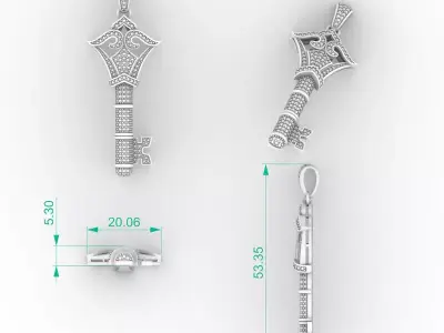 Ultimate Gothic Crown Diamond Key Pendant Necklace Iced Out 3D print model
