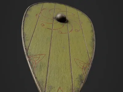 Slavic kite wooden shield-painted yellow with radial symbol Low-poly 3D model
