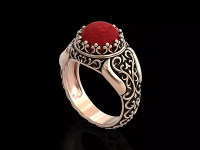 Antique Floral Carving Signet Pearl Ring v3 3D print model
