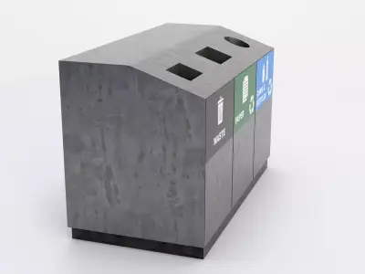 Triple Compartment Recycling Bin - Urban Street Prop Low-poly 3D model