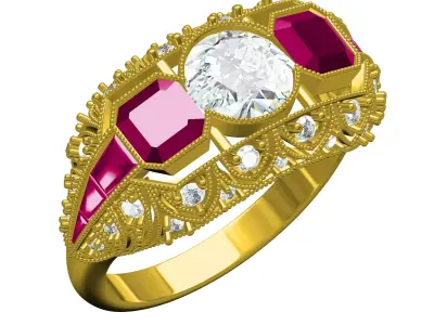 Antique Ruby Octagon Stone Art Deco Engagement Ring 3D print model