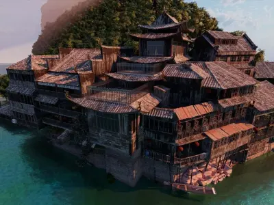Chinese Vintage Scene with River 3D model