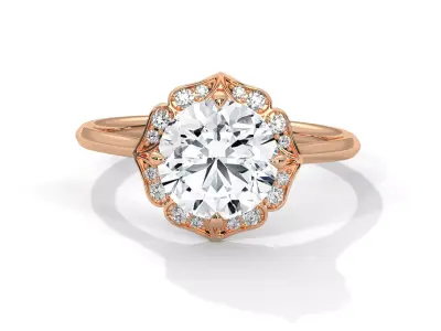 Floral Pave Round Diamond Vintage Halo Engagement Ring CAD 3D print model