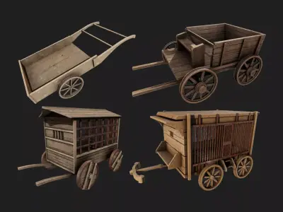 4 Old wooden carriage 3D Model Pack