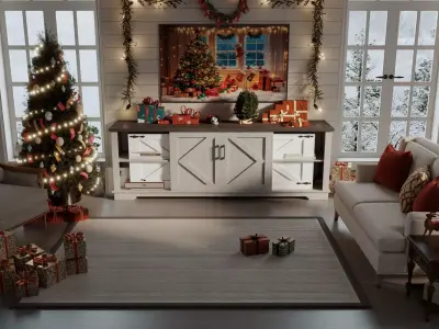 A cozy Christmas living room with a decorated Christmas tree Low-poly 3D model