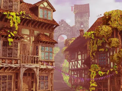 Stylized Medieval Town low-poly 3D scene Low-poly 3D model