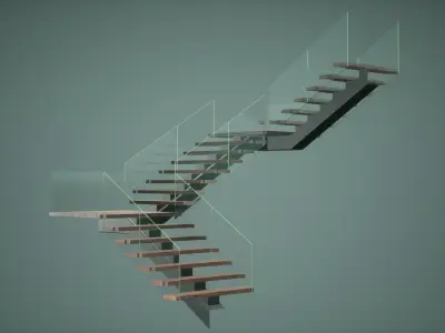 Stair Low Poly Game Ready wooden staircase with glass railing Low-poly 3D model