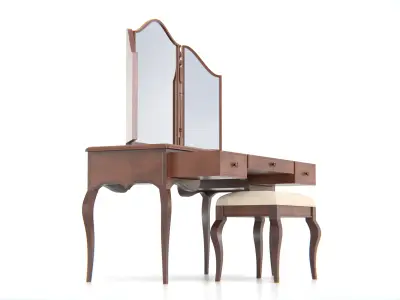 Antique Wooden Vanity Table with Tri-Fold Mirror and Stool Low-poly 3D model