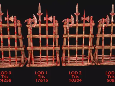 Medieval Weapon Rack Polearm Spear Axe Halberd Mace Set  Low-poly 3D model