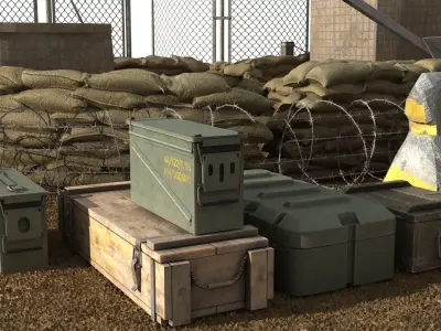 Military Barricade tent sandbag Barbwire Barricade  Low-poly 3D model