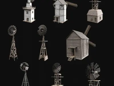 WILD WEST WESTERN WINDMILL WIND MILL TURBINE COLLECTION Low-poly 3D model