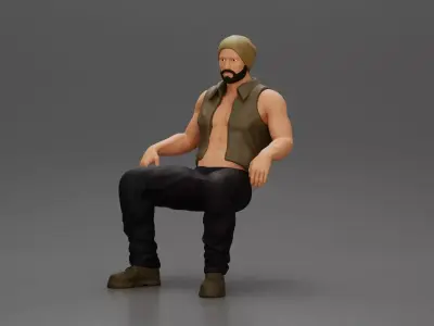 Muscular Bearded Man in Beanie Vest Pants Sitting Casually 3D print model