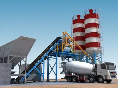 Cement mixing plant and mixer truck 3D model