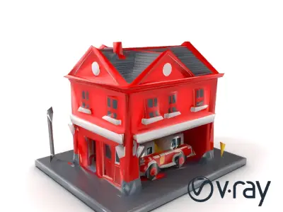 Whimsical Fire Station Red Facade Cartoon Model Pack Low-poly 3D model