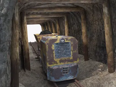 Mine Tunnel with Old Coal Cart Train 3D model