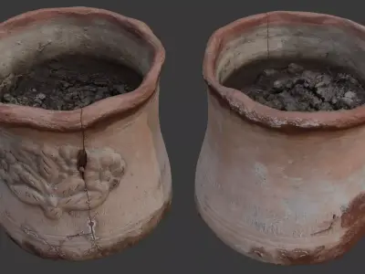 Old Clay Flower Pot with Soil Scan Low-poly 3D model