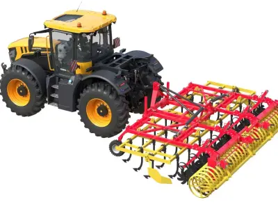 JCB Fastrac 4000 ICON Tractor and Agricultural Cultivator Low-poly 3D model